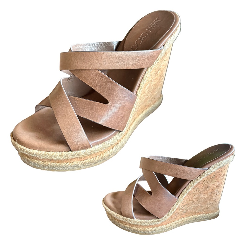 Jimmy Choo Prisma Wedge leather sandals in chocolate brown size US 7.5 (38.5)